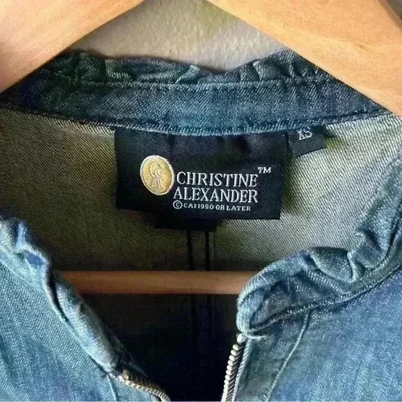 CHRISTINE ALEXANDER Jean Jacket Ruffle Trim Rhinestone Buttons Denim XS - Picture 2 of 12